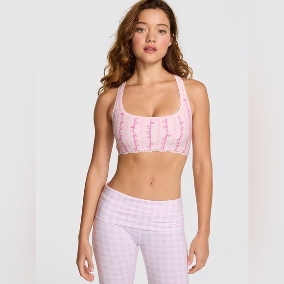 PINK x LoveShackFancy Cotton Racerback Bralette Pink Logo Floral Lace Trim - Picture 2 of 7
